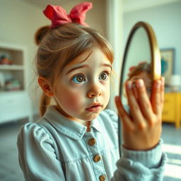 A young girl in disbelief, examining her reflection with wide eyes as she sees herself looking 20 years older than her actual age