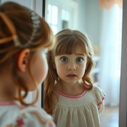 A young girl in disbelief, examining her reflection with wide eyes as she sees herself looking 20 years older than her actual age