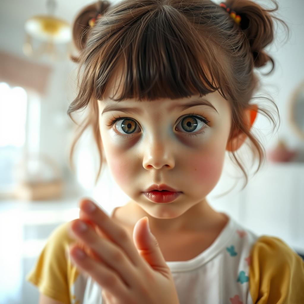 A young girl in disbelief, examining her reflection with wide eyes as she sees herself looking 20 years older than her actual age