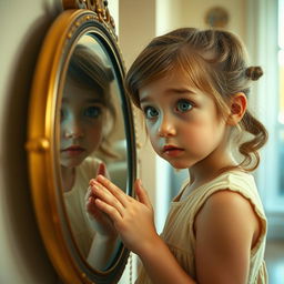 A young girl in disbelief, examining her reflection with wide eyes as she sees herself looking 20 years older than her actual age