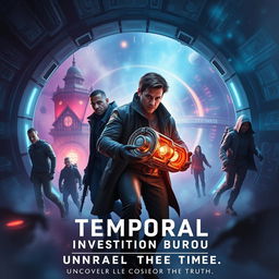 A sci-fi adventure scene capturing the essence of time travel and anomalies, featuring a hidden city in a time loop or a futuristic spaceship with temporal distortions