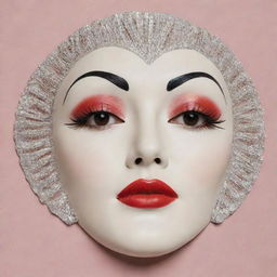 A Korean sheet mask adorned with 1920s Art Deco style makeup, reminiscent of Marlene Dietrich and Gatsby era. The mask features exaggerated thin eyebrows, porcelain-white skin tone, vibrant red lips, pronounced round or heart-shaped blush patches and a faux mole.