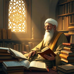 A scholarly illustration depicting Wahbah Az-Zuhaili as he delves into the rights of women according to the Quran, based on his interpretation in Tafsir Al-Munir