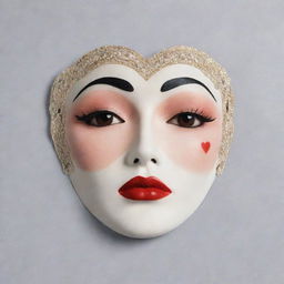 A Korean sheet mask adorned with 1920s Art Deco style makeup, reminiscent of Marlene Dietrich and Gatsby era. The mask features exaggerated thin eyebrows, porcelain-white skin tone, vibrant red lips, pronounced round or heart-shaped blush patches and a faux mole.