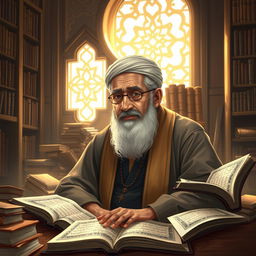 A scholarly illustration depicting Wahbah Az-Zuhaili as he delves into the rights of women according to the Quran, based on his interpretation in Tafsir Al-Munir