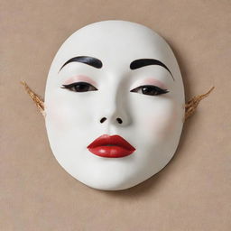 A Korean sheet mask adorned with 1920s Art Deco style makeup, reminiscent of Marlene Dietrich and Gatsby era. The mask features exaggerated thin eyebrows, porcelain-white skin tone, vibrant red lips, pronounced round or heart-shaped blush patches and a faux mole.