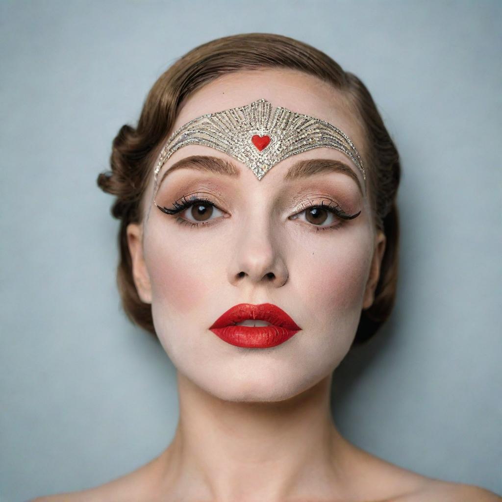 A facial costume sheet mask, styled with 1920s Art Deco makeup, displayed on a girl with her brows raised high above her natural ones. The mask carries aesthetics of Marlene Dietrich and the Gatsby era with thin elevated brows, white skin, red lips, distinct round or heart-shaped blush, and a faux mole.