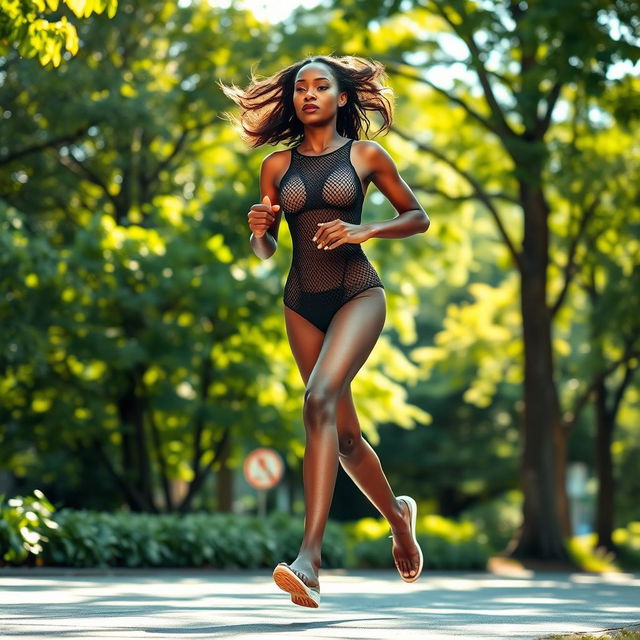 A tall, slender and athletic black woman with graceful, long legs jogging