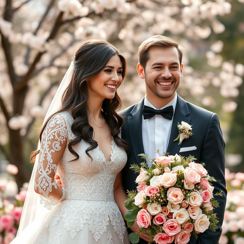 A beautiful Russian bride with long dark hair, joyfully standing next to her husband on their wedding day