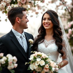 A beautiful Russian bride with long dark hair, joyfully standing next to her husband on their wedding day