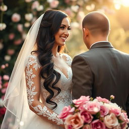 A beautiful Russian bride with long dark hair, joyfully standing next to her husband on their wedding day