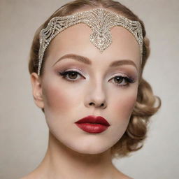 A facial costume sheet mask, styled with 1920s Art Deco makeup, displayed on a girl with her brows raised high above her natural ones. The mask carries aesthetics of Marlene Dietrich and the Gatsby era with thin elevated brows, white skin, red lips, distinct round or heart-shaped blush, and a faux mole.