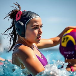 a young female athlete in a water polo outfit, exhibiting agility and focus during a water polo match, with water splashing around and the sun shining brightly on a clear day