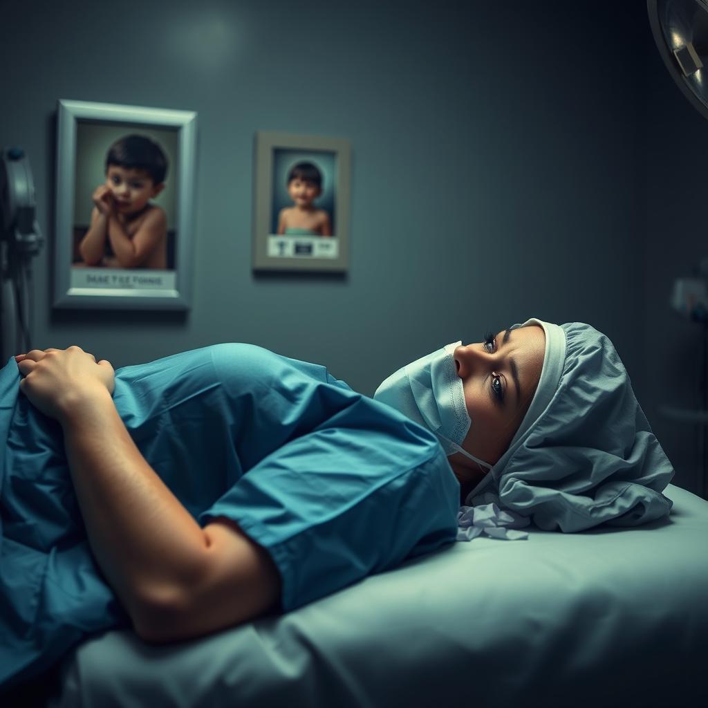 A woman dressed in operating gear, lying on a bed in an operating room