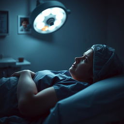 A woman dressed in operating gear, lying on a bed in an operating room