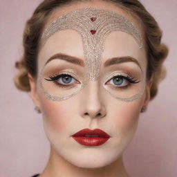 A facial costume sheet mask, styled with 1920s Art Deco makeup, displayed on a girl with her brows raised high above her natural ones. The mask carries aesthetics of Marlene Dietrich and the Gatsby era with thin elevated brows, white skin, red lips, distinct round or heart-shaped blush, and a faux mole.