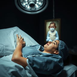 A woman dressed in operating gear, lying on a bed in an operating room