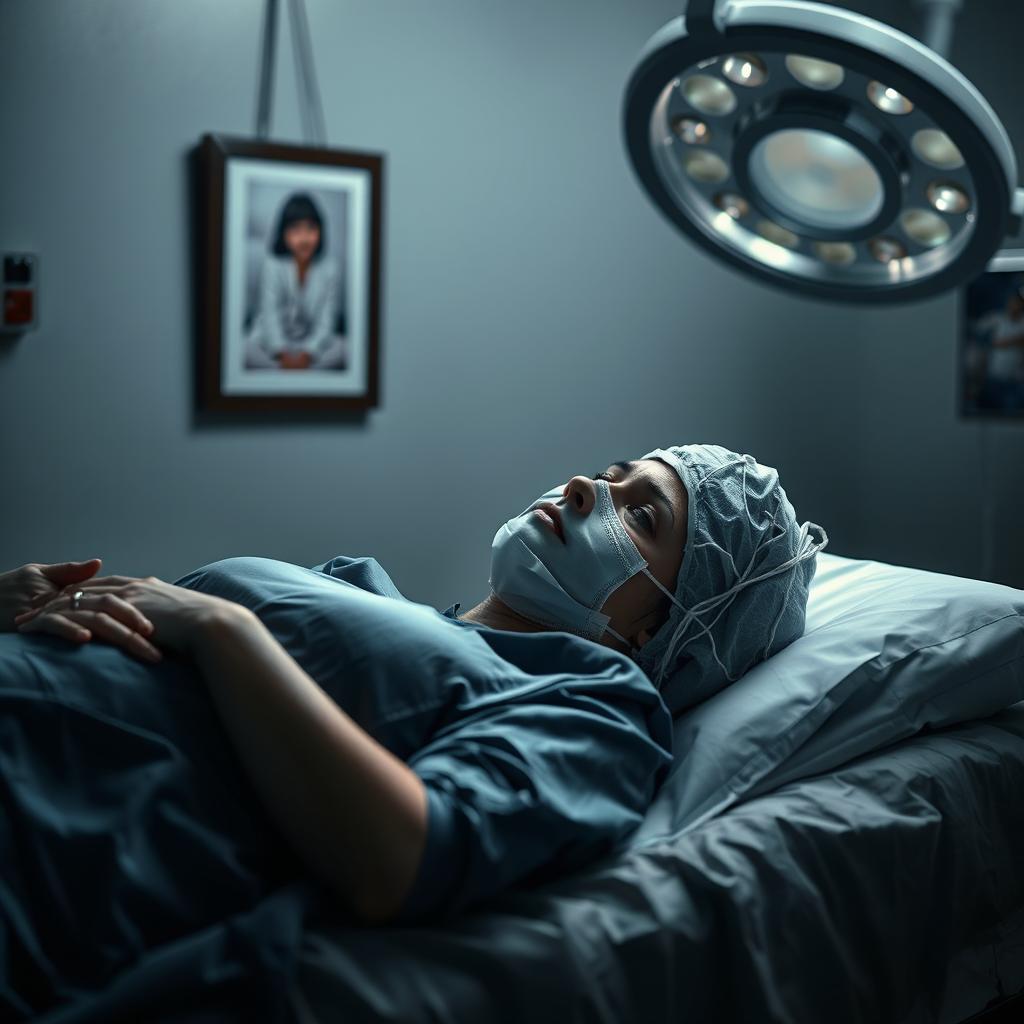 A woman dressed in operating gear, lying on a bed in an operating room