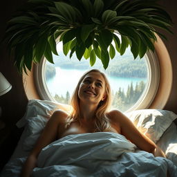 A photorealistic close-up portrait of a European woman in a bedroom setting, lying on her back in bed, smiling and looking out through a large, round panoramic window