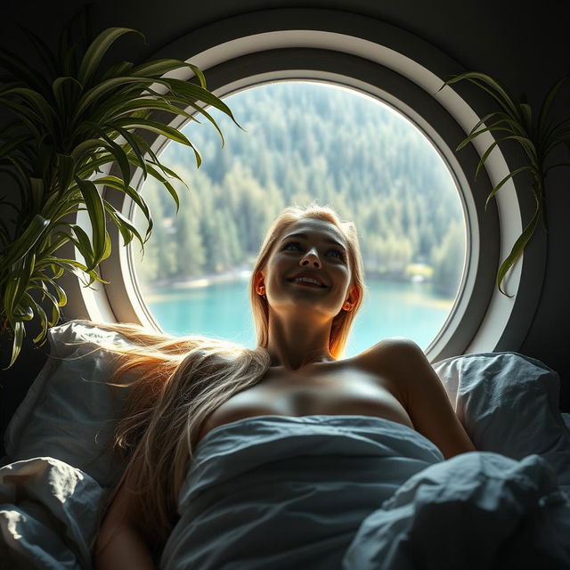 A photorealistic close-up portrait of a European woman in a bedroom setting, lying on her back in bed, smiling and looking out through a large, round panoramic window