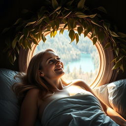 A photorealistic close-up portrait of a European woman in a bedroom setting, lying on her back in bed, smiling and looking out through a large, round panoramic window