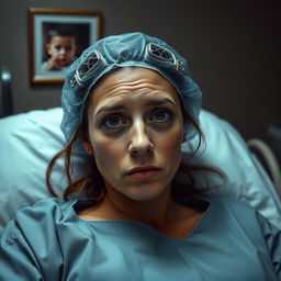 A woman in operating gear lies on a bed in the operating room, her eyes filled with sadness as she gazes directly at the camera