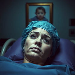 A woman in operating gear lies on a bed in the operating room, her eyes filled with sadness as she gazes directly at the camera