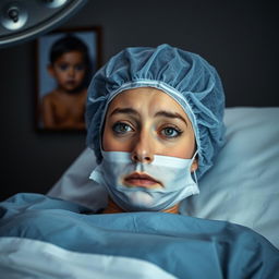 A woman in operating gear lies on a bed in the operating room, her eyes filled with sadness as she gazes directly at the camera