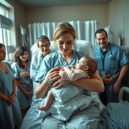 An astonishing and surreal scene of a woman holding her newborn daughter, who appears as a 20-year-old adult