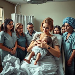 An astonishing and surreal scene of a woman holding her newborn daughter, who appears as a 20-year-old adult