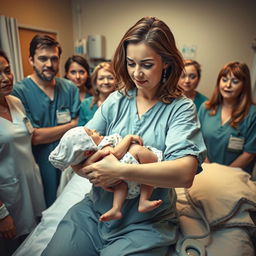 An astonishing and surreal scene of a woman holding her newborn daughter, who appears as a 20-year-old adult