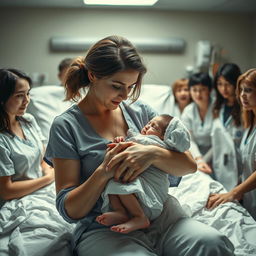 An astonishing and surreal scene of a woman holding her newborn daughter, who appears as a 20-year-old adult