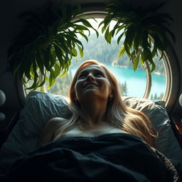 A photorealistic close-up portrait of a European woman in a bedroom setting, lying on her back in bed, smiling and looking out through a large, round panoramic window