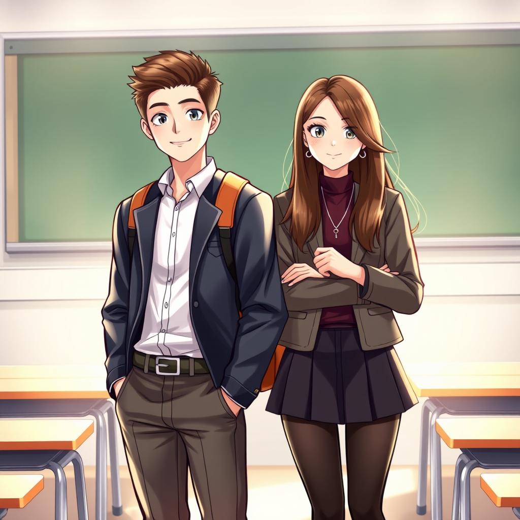 A captivating artwork of two new high school students introducing themselves in front of the class