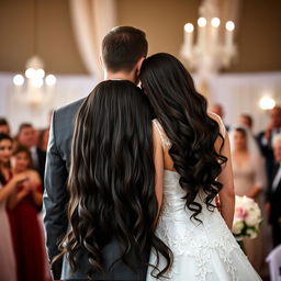 A beautiful Russian bride with a background in gymnastics, showcasing her long, dark hair cascading down to her waist on her wedding day