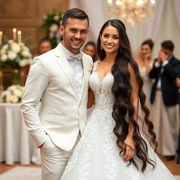 A beautiful Russian bride with a background in gymnastics, showcasing her long, dark hair cascading down to her waist on her wedding day