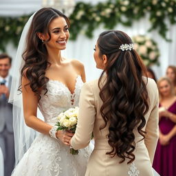 A beautiful Russian bride with a background in gymnastics, showcasing her long, dark hair cascading down to her waist on her wedding day