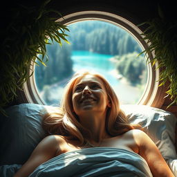 A photorealistic close-up portrait of a European woman lying in bed, smiling as she looks outside through a large round window