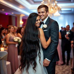 A stunning Russian bride, an athletic gymnast with long dark hair reaching down to her waist, standing joyfully with her husband on their wedding day