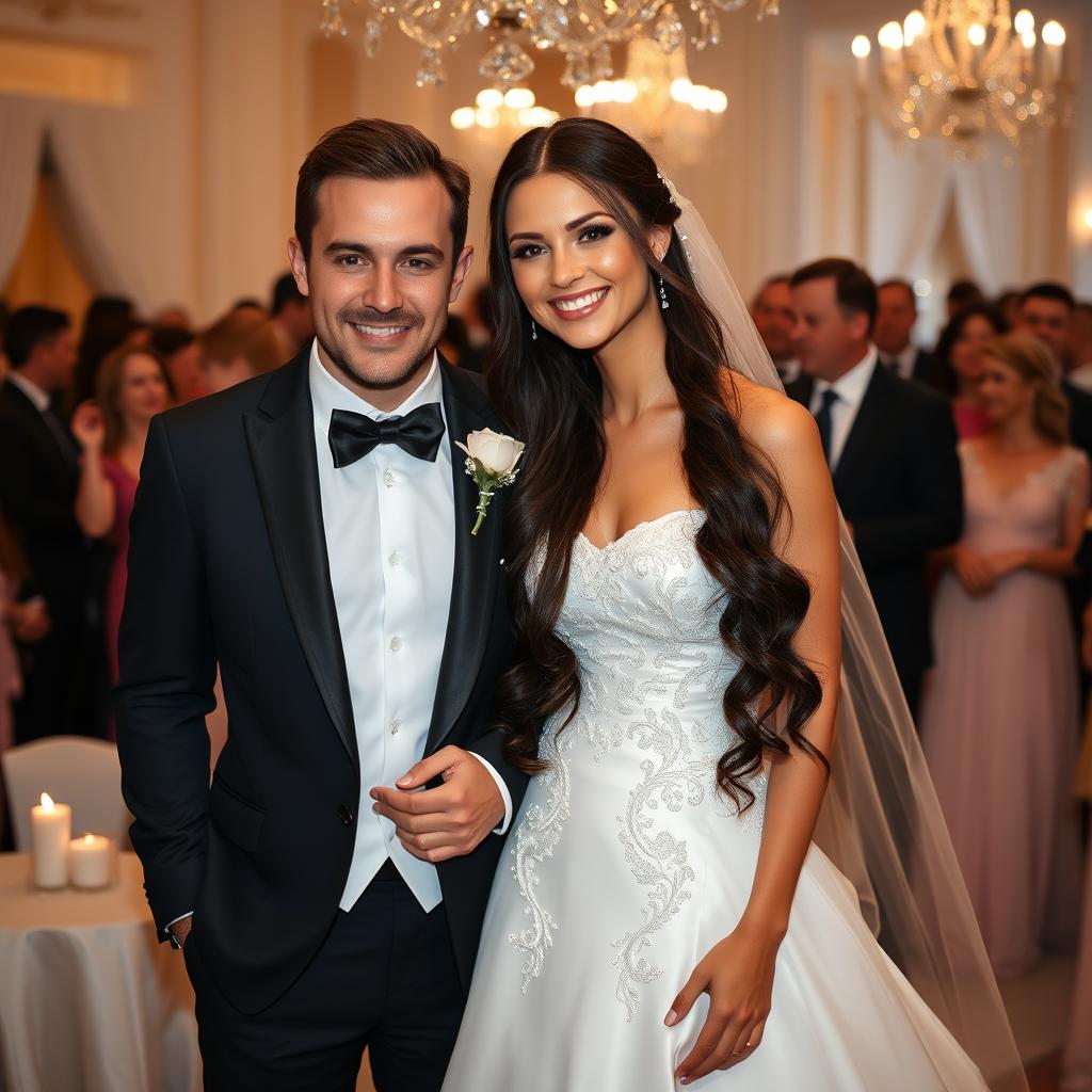 A stunning Russian bride, an athletic gymnast with long dark hair reaching down to her waist, standing joyfully with her husband on their wedding day