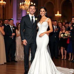 A stunning Russian bride, an athletic gymnast with long dark hair reaching down to her waist, standing joyfully with her husband on their wedding day