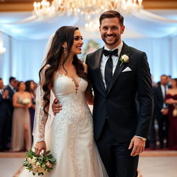 A stunning Russian bride, an athletic gymnast with long dark hair reaching down to her waist, standing joyfully with her husband on their wedding day