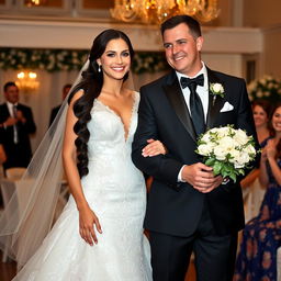 A beautiful Russian bride with a gymnast's build, featuring long dark hair cascading to her waist, on her wedding day