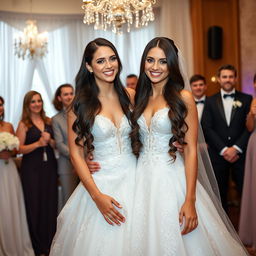 A beautiful Russian bride with a gymnast's build, featuring long dark hair cascading to her waist, on her wedding day