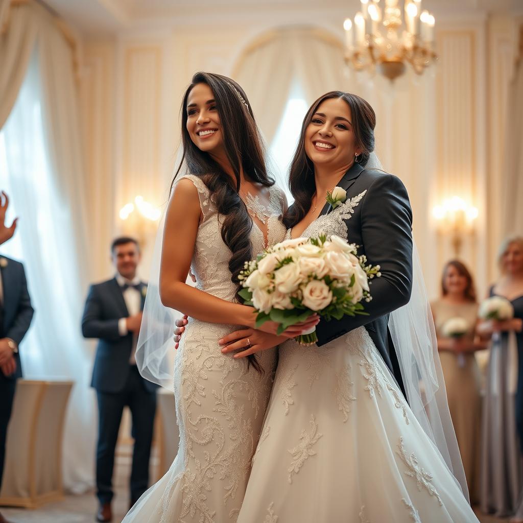 A beautiful Russian bride with a gymnast's build, featuring long dark hair cascading to her waist, on her wedding day