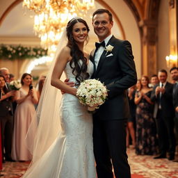 A beautiful Russian bride with a gymnast's build, featuring long dark hair cascading to her waist, on her wedding day