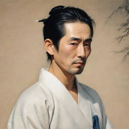 A gracefully illustrated image portraying a Japanese man, his features expressing the tranquility and poise inherent in Japanese culture.