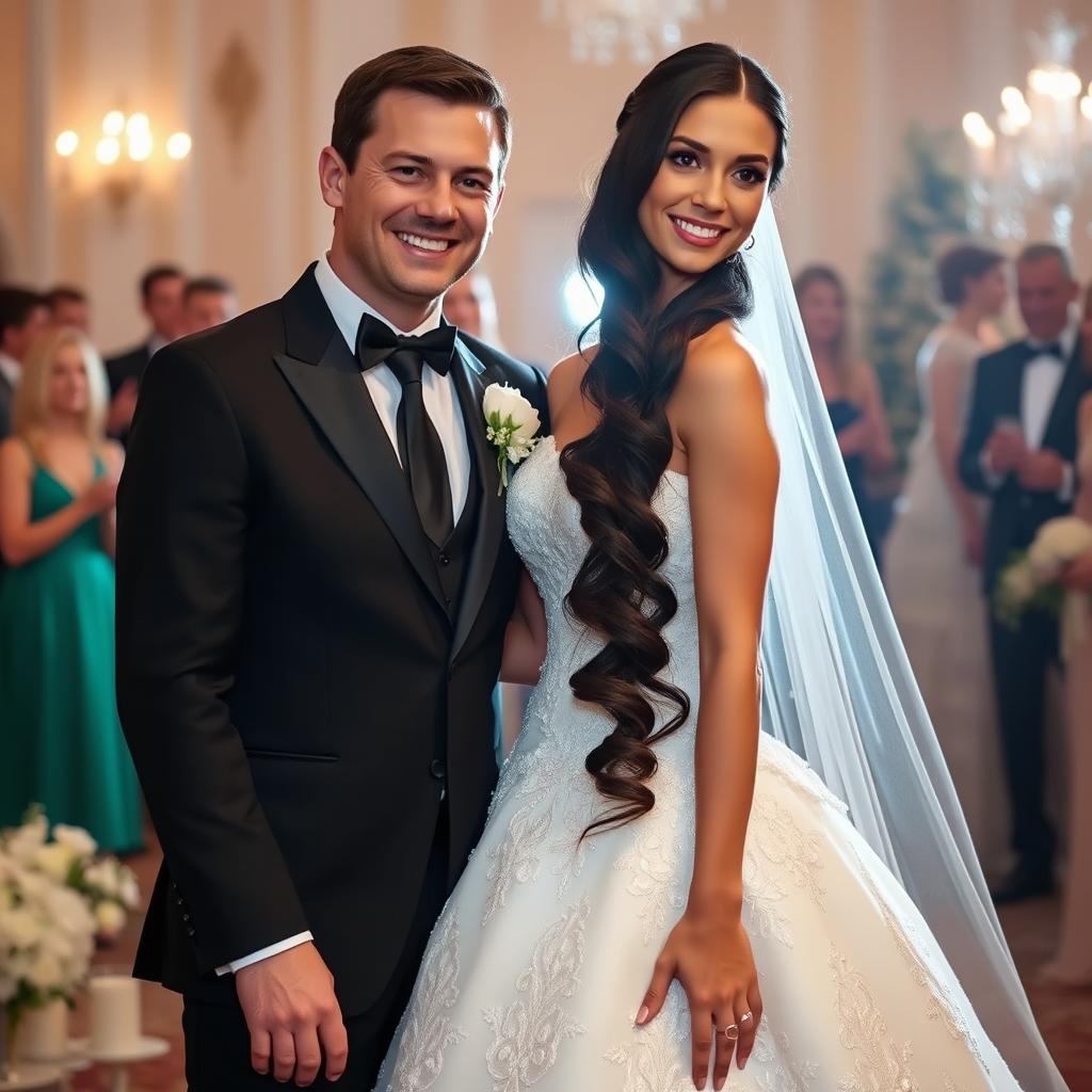 A beautiful Russian bride and former gymnast, with long dark hair cascading down to her waist, on her wedding day