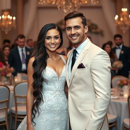 A beautiful Russian bride and former gymnast, with long dark hair cascading down to her waist, on her wedding day