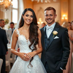 A beautiful Russian bride and former gymnast, with long dark hair cascading down to her waist, on her wedding day